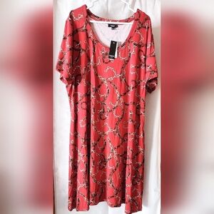 Premise Women's Red Pull-Over Chain Print Short Sleeve T-shirt Dress Sz 3XL NWT